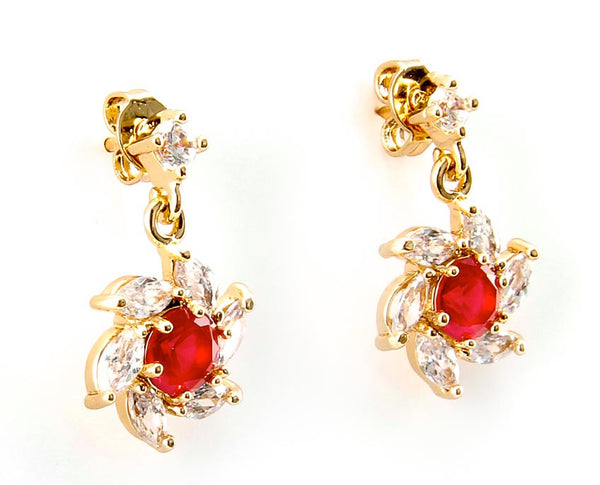 Gold Plated Flower Drop Earrings with Red Stone